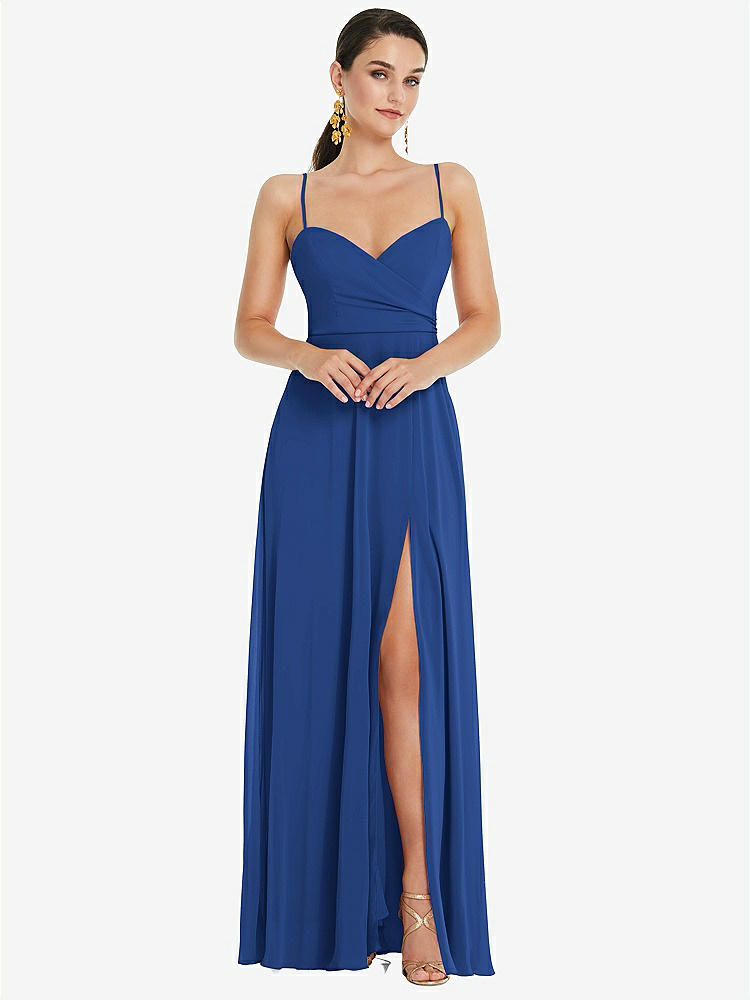 【STYLE: LB036】Adjustable Strap Wrap Bodice Maxi Dress with Front Slit 【COLOR: Classic Blue】