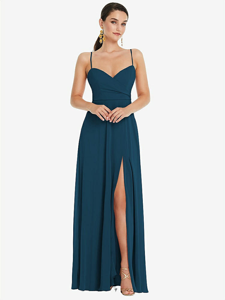 【STYLE: LB036】Adjustable Strap Wrap Bodice Maxi Dress with Front Slit 【COLOR: Atlantic Blue】
