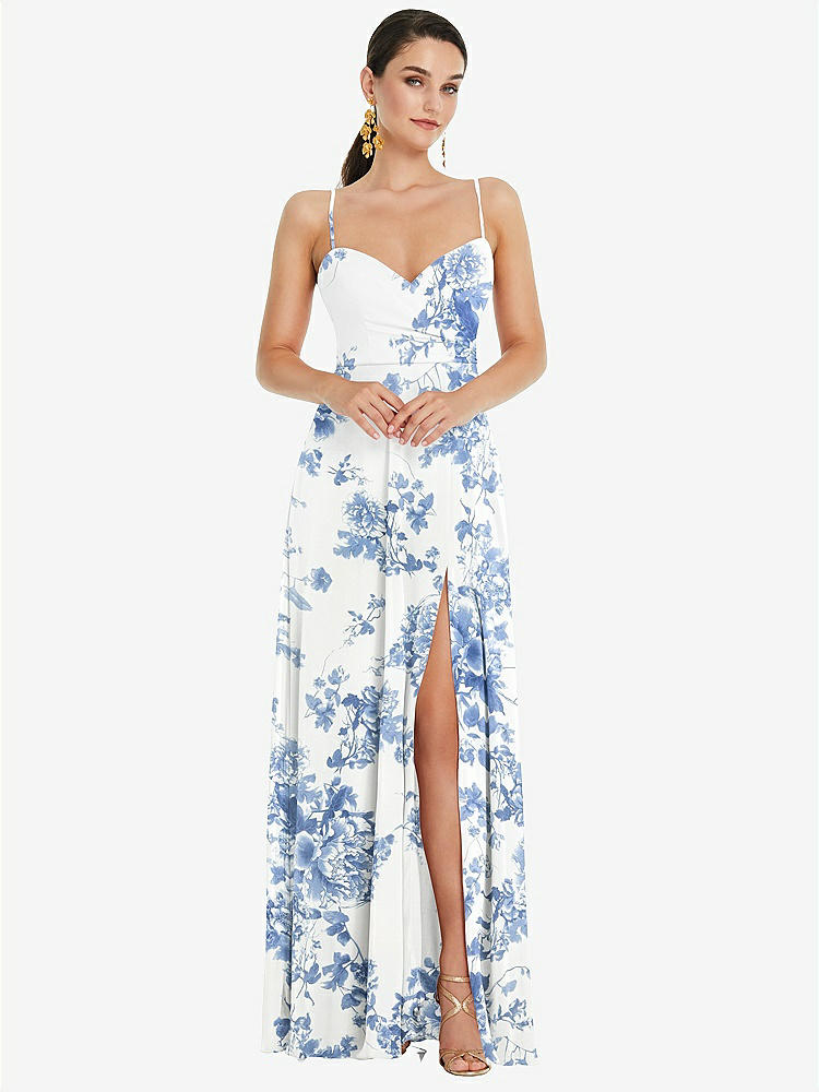 【STYLE: LB036】Adjustable Strap Wrap Bodice Maxi Dress with Front Slit 【COLOR: Cottage Rose Dusk Blue】