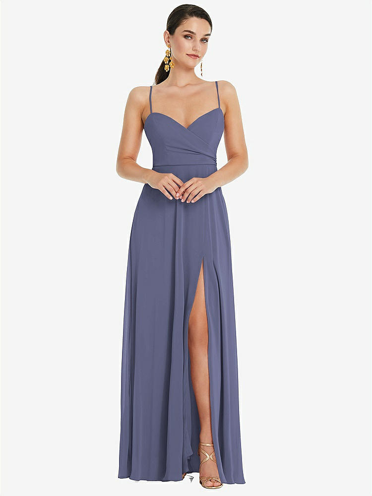 【STYLE: LB036】Adjustable Strap Wrap Bodice Maxi Dress with Front Slit 【COLOR: French Blue】