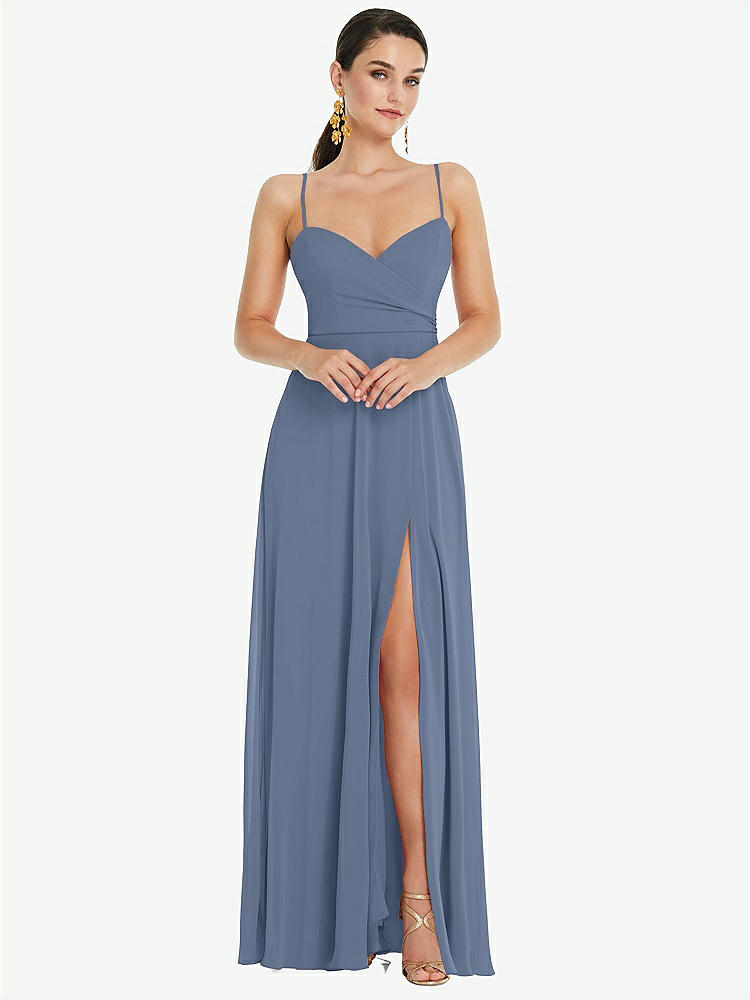 【STYLE: LB036】Adjustable Strap Wrap Bodice Maxi Dress with Front Slit 【COLOR: Larkspur Blue】