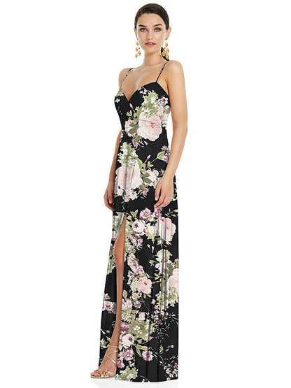 【STYLE: LB036】Adjustable Strap Wrap Bodice Maxi Dress with Front Slit 【COLOR: Noir Garden】