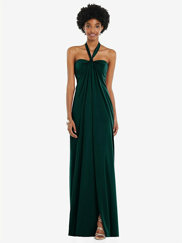 【STYLE: 3110】Draped Satin Grecian Column Gown with Convertible Straps【COLOR: Evergreen】