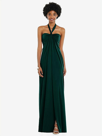 【STYLE: 3110】Draped Satin Grecian Column Gown with Convertible Straps【COLOR: Evergreen】