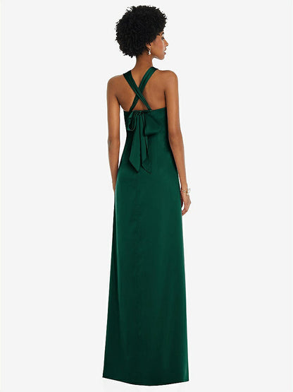 【STYLE: 3110】Draped Satin Grecian Column Gown with Convertible Straps【COLOR: Hunter Green】