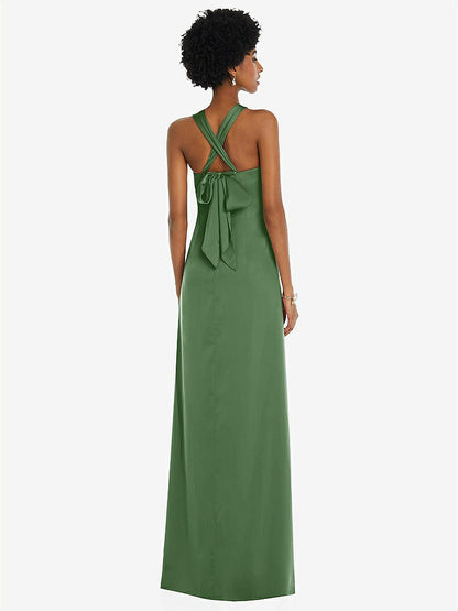 【STYLE: 3110】Draped Satin Grecian Column Gown with Convertible Straps【COLOR: Vineyard Green】