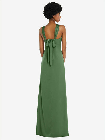 【STYLE: 3110】Draped Satin Grecian Column Gown with Convertible Straps【COLOR: Vineyard Green】
