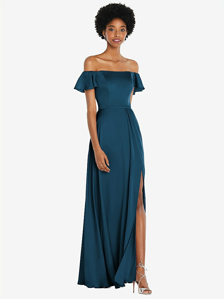 【STYLE: 8227】Straight-Neck Ruffled Off-the-Shoulder Satin Maxi Dress【COLOR: Atlantic Blue】