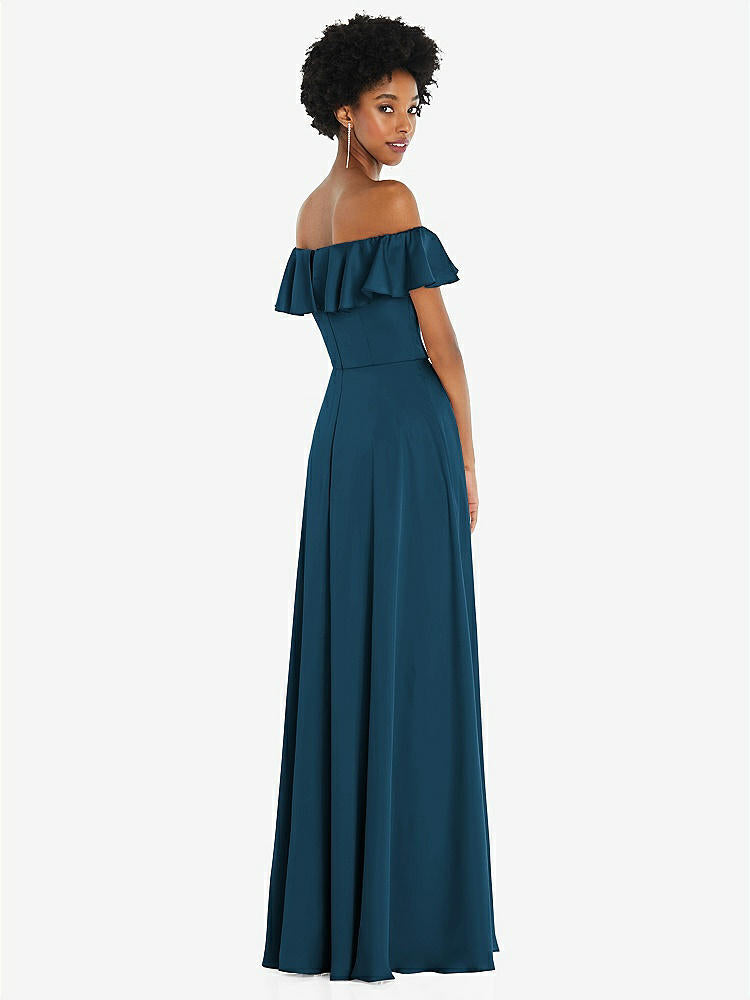 【NEW】【STYLE: 8227】ストレートネック フリル オフショルダー サテン マキシ ドレス【COLOR: Atlantic Blue】【SIZE: 00-30W】