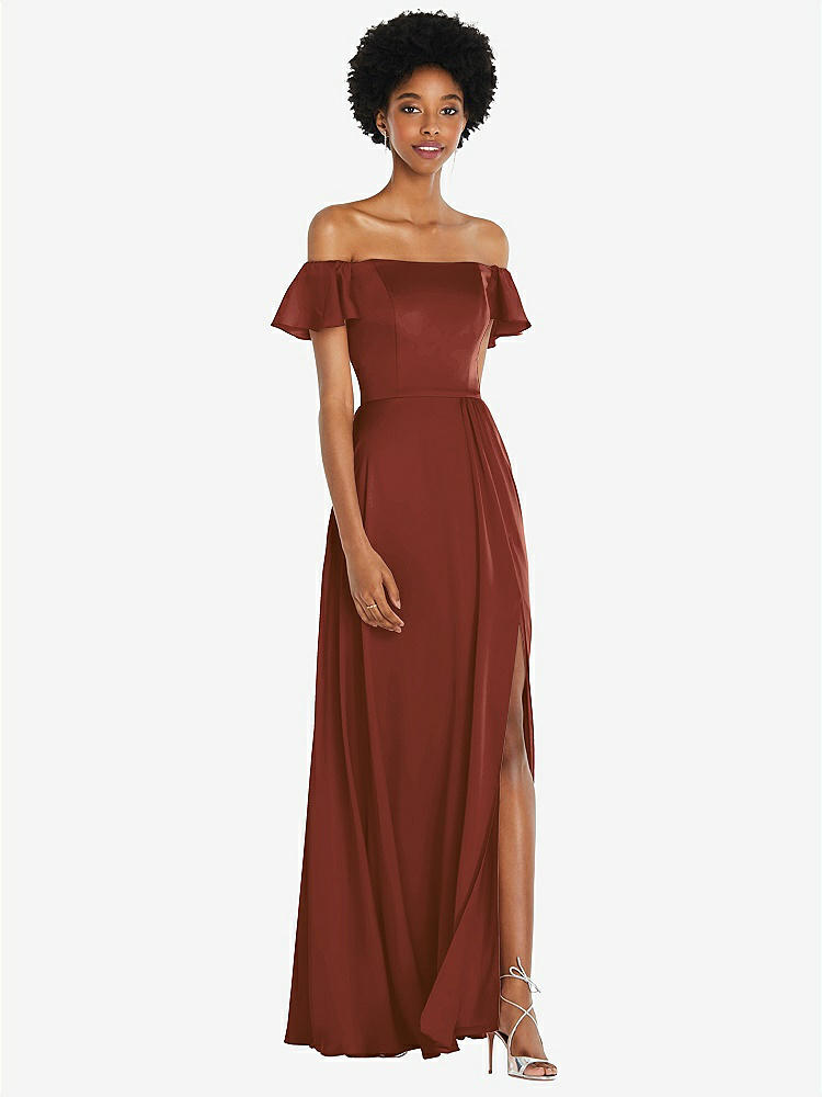 【STYLE: 8227】Straight-Neck Ruffled Off-the-Shoulder Satin Maxi Dress【COLOR: Auburn Moon】