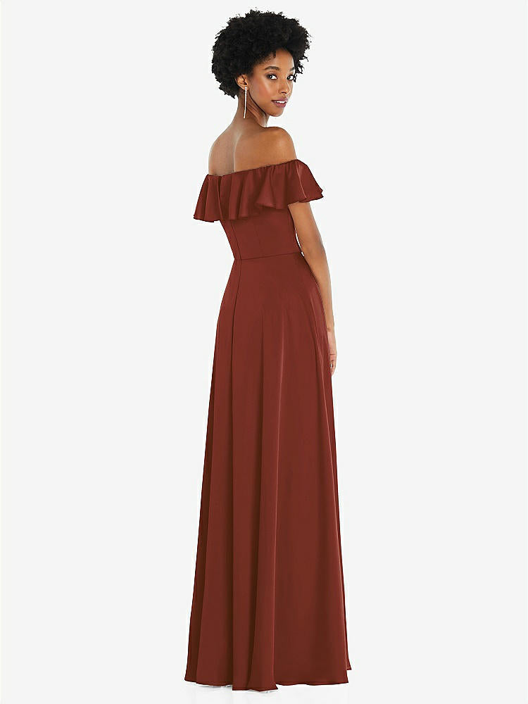 【STYLE: 8227】Straight-Neck Ruffled Off-the-Shoulder Satin Maxi Dress【COLOR: Auburn Moon】
