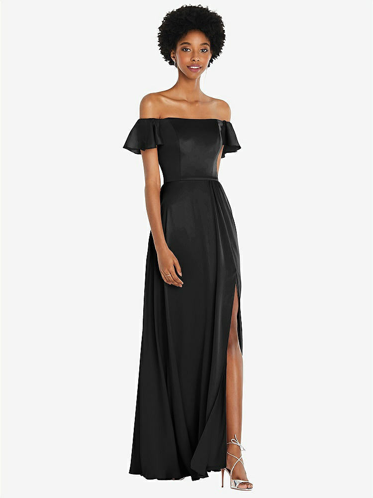 【STYLE: 8227】Straight-Neck Ruffled Off-the-Shoulder Satin Maxi Dress【COLOR: Black】