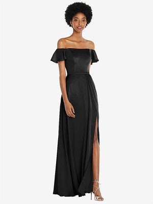 【STYLE: 8227】Straight-Neck Ruffled Off-the-Shoulder Satin Maxi Dress【COLOR: Black】