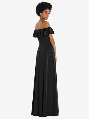 【STYLE: 8227】Straight-Neck Ruffled Off-the-Shoulder Satin Maxi Dress【COLOR: Black】
