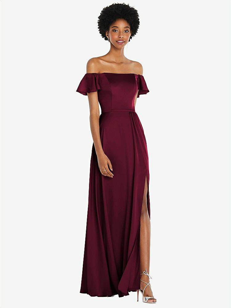 【NEW】【STYLE: 8227】ストレートネック フリル オフショルダー サテン マキシ ドレス【COLOR: Cabernet】【SIZE: 00-30W】