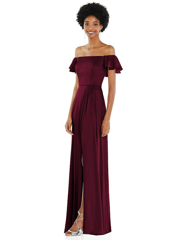 【NEW】【STYLE: 8227】ストレートネック フリル オフショルダー サテン マキシ ドレス【COLOR: Cabernet】【SIZE: 00-30W】