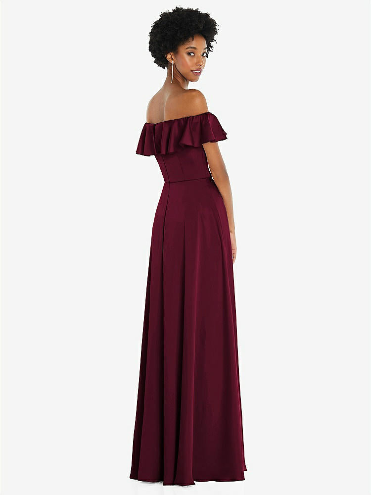 【NEW】【STYLE: 8227】ストレートネック フリル オフショルダー サテン マキシ ドレス【COLOR: Cabernet】【SIZE: 00-30W】