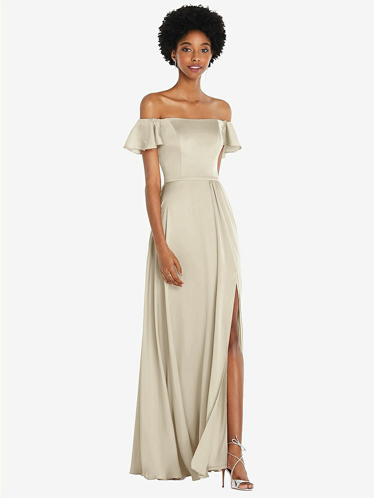 【STYLE: 8227】Straight-Neck Ruffled Off-the-Shoulder Satin Maxi Dress【COLOR: Champagne】