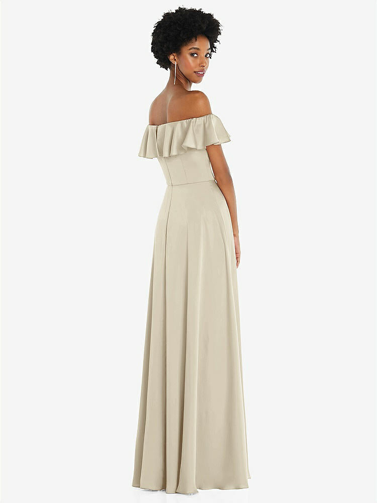 【STYLE: 8227】Straight-Neck Ruffled Off-the-Shoulder Satin Maxi Dress【COLOR: Champagne】