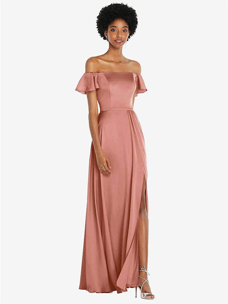 【NEW】【STYLE: 8227】ストレートネック フリル オフショルダー サテン マキシ ドレス【COLOR: Desert Rose】【SIZE: 00-30W】