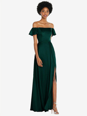 【STYLE: 8227】Straight-Neck Ruffled Off-the-Shoulder Satin Maxi Dress【COLOR: Evergreen】