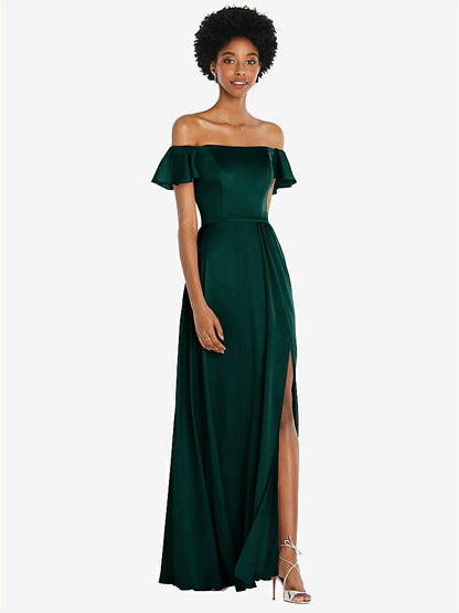 【NEW】【STYLE: 8227】ストレートネック フリル オフショルダー サテン マキシ ドレス【COLOR: Evergreen】【SIZE: 00-30W】