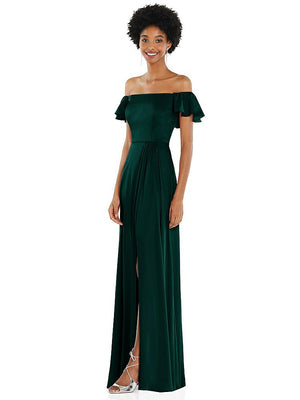 【STYLE: 8227】Straight-Neck Ruffled Off-the-Shoulder Satin Maxi Dress【COLOR: Evergreen】