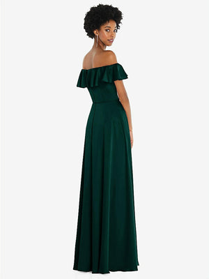 【STYLE: 8227】Straight-Neck Ruffled Off-the-Shoulder Satin Maxi Dress【COLOR: Evergreen】