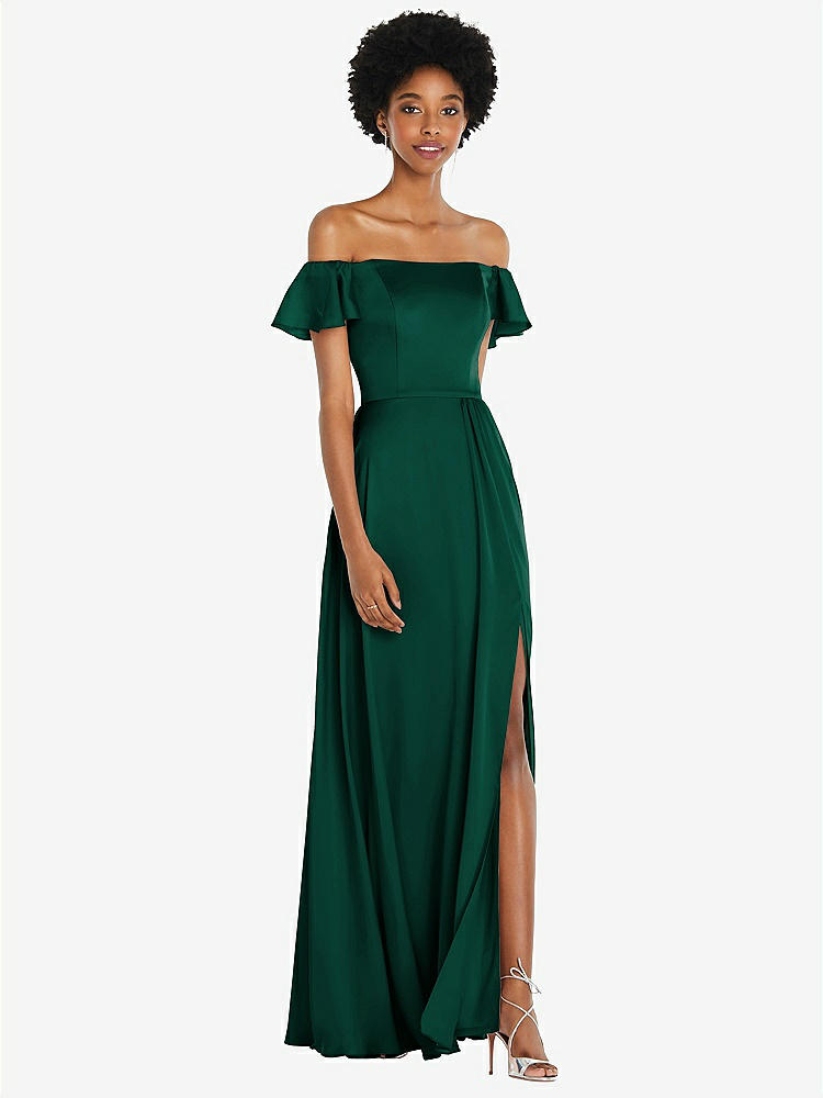 【STYLE: 8227】Straight-Neck Ruffled Off-the-Shoulder Satin Maxi Dress【COLOR: Hunter Green】