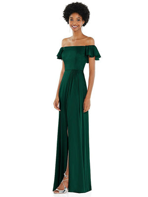 【STYLE: 8227】Straight-Neck Ruffled Off-the-Shoulder Satin Maxi Dress【COLOR: Hunter Green】