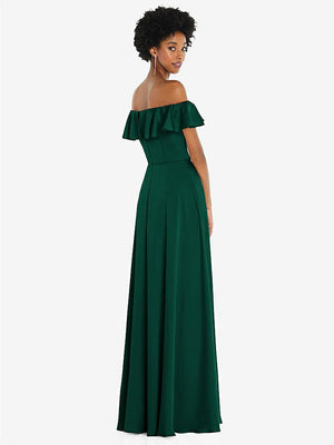 【STYLE: 8227】Straight-Neck Ruffled Off-the-Shoulder Satin Maxi Dress【COLOR: Hunter Green】