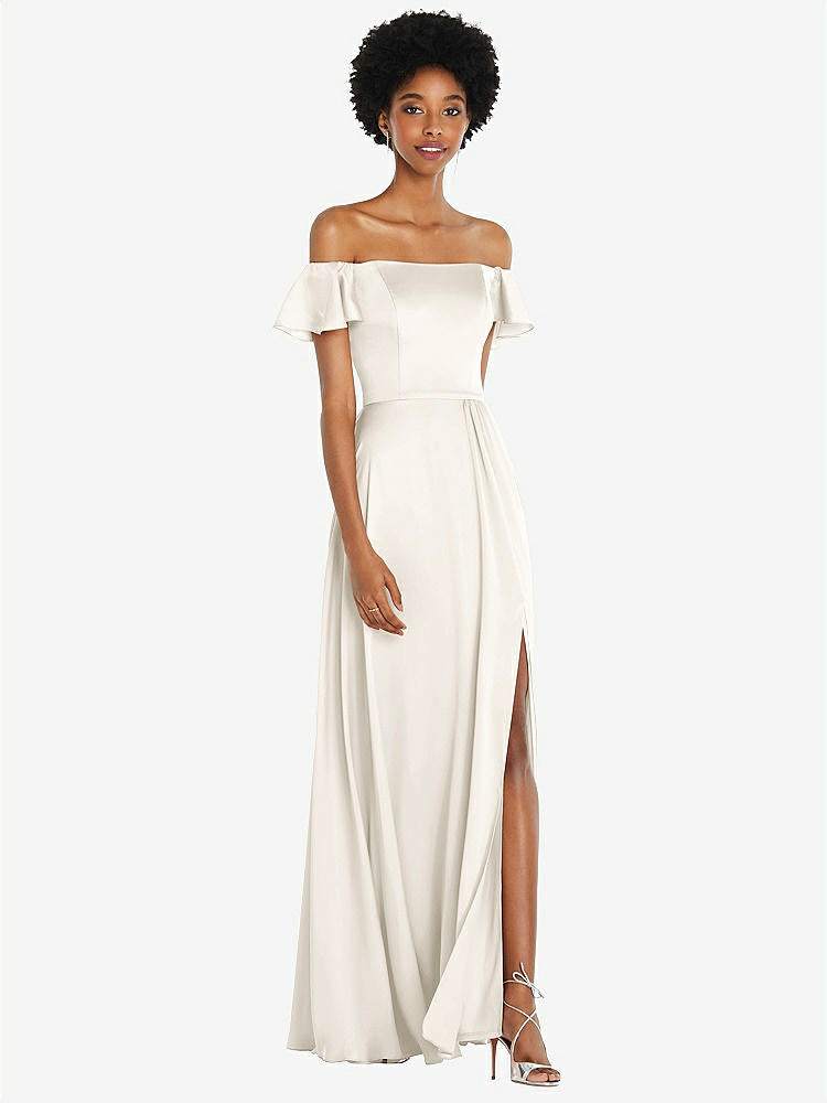 【STYLE: 8227】Straight-Neck Ruffled Off-the-Shoulder Satin Maxi Dress【COLOR: Ivory】