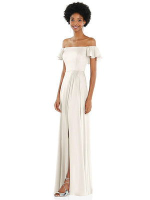 【STYLE: 8227】Straight-Neck Ruffled Off-the-Shoulder Satin Maxi Dress【COLOR: Ivory】
