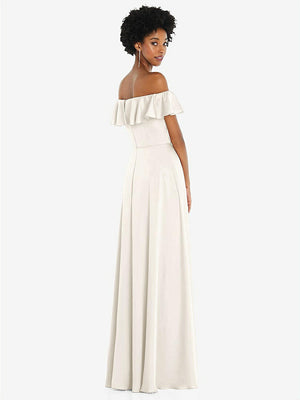 【STYLE: 8227】Straight-Neck Ruffled Off-the-Shoulder Satin Maxi Dress【COLOR: Ivory】