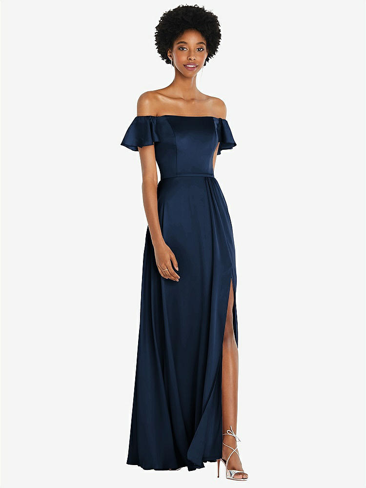 【STYLE: 8227】Straight-Neck Ruffled Off-the-Shoulder Satin Maxi Dress【COLOR: Midnight Navy】
