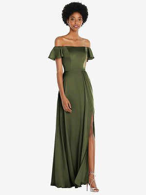 【STYLE: 8227】Straight-Neck Ruffled Off-the-Shoulder Satin Maxi Dress【COLOR: Olive Green】