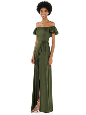 【STYLE: 8227】Straight-Neck Ruffled Off-the-Shoulder Satin Maxi Dress【COLOR: Olive Green】