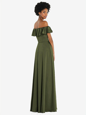 【STYLE: 8227】Straight-Neck Ruffled Off-the-Shoulder Satin Maxi Dress【COLOR: Olive Green】
