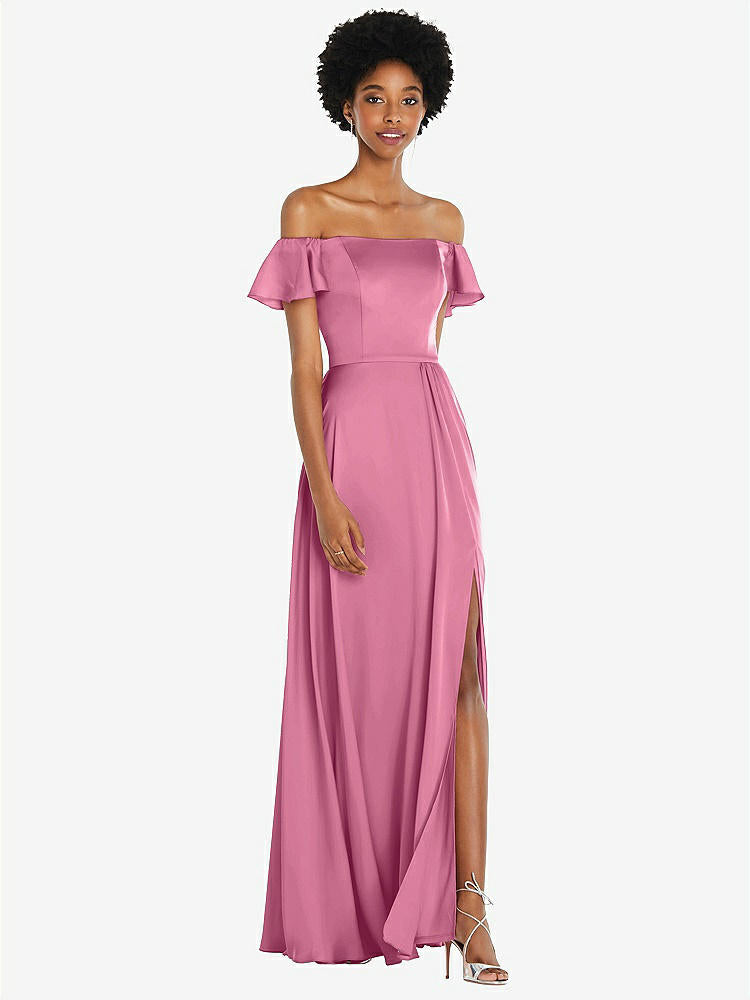 【NEW】【STYLE: 8227】ストレートネック フリル オフショルダー サテン マキシ ドレス【COLOR: Orchid Pink】【SIZE: 00-30W】