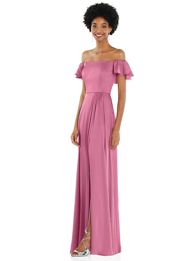【NEW】【STYLE: 8227】ストレートネック フリル オフショルダー サテン マキシ ドレス【COLOR: Orchid Pink】【SIZE: 00-30W】