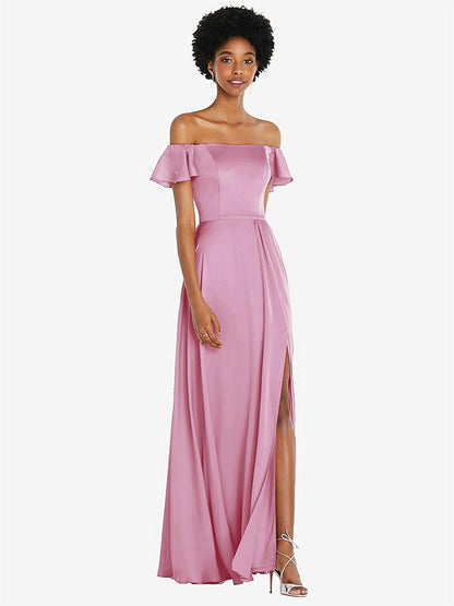 【NEW】【STYLE: 8227】ストレートネック フリル オフショルダー サテン マキシ ドレス【COLOR: Powder Pink】【SIZE: 00-30W】