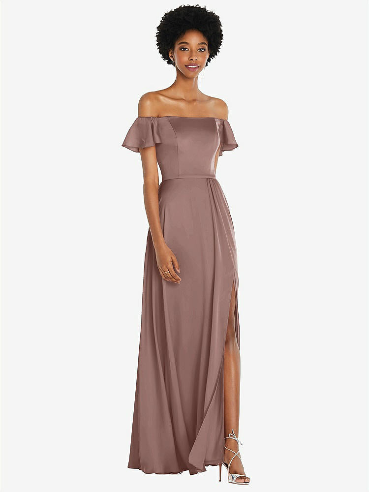 【STYLE: 8227】Straight-Neck Ruffled Off-the-Shoulder Satin Maxi Dress【COLOR: Sienna】