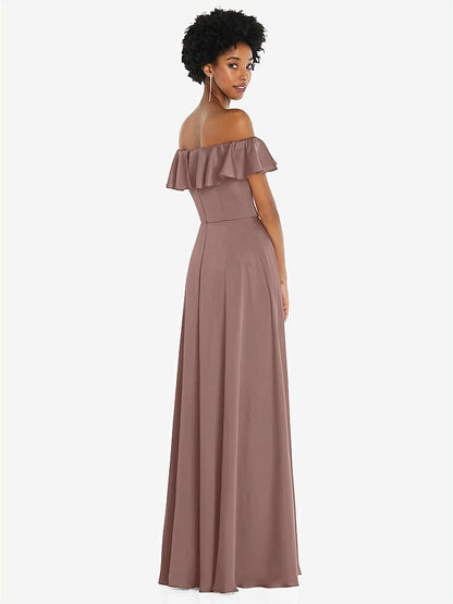 【NEW】【STYLE: 8227】ストレートネック フリル オフショルダー サテン マキシ ドレス【COLOR: Sienna】【SIZE: 00-30W】