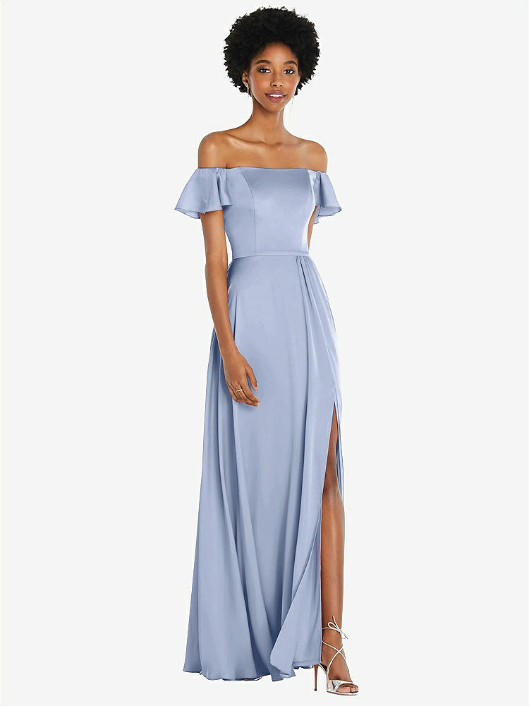 【STYLE: 8227】Straight-Neck Ruffled Off-the-Shoulder Satin Maxi Dress【COLOR: Sky Blue】