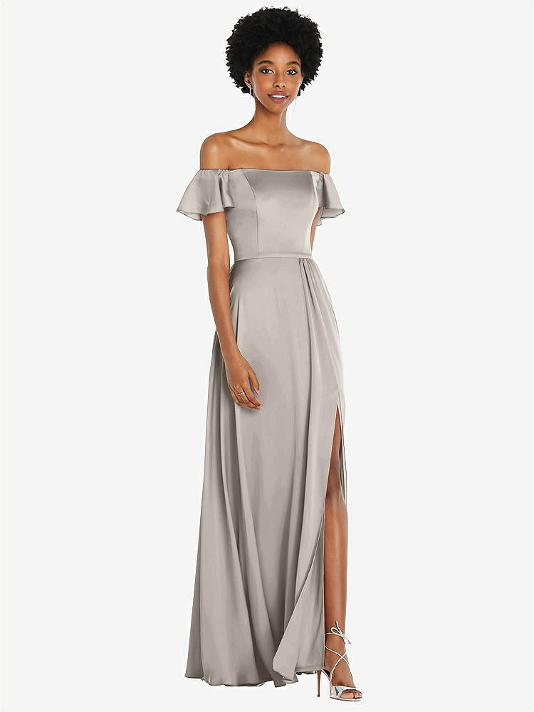 【STYLE: 8227】Straight-Neck Ruffled Off-the-Shoulder Satin Maxi Dress【COLOR: Taupe】
