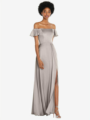 【STYLE: 8227】Straight-Neck Ruffled Off-the-Shoulder Satin Maxi Dress【COLOR: Taupe】