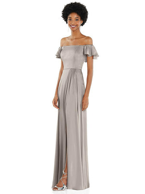 【STYLE: 8227】Straight-Neck Ruffled Off-the-Shoulder Satin Maxi Dress【COLOR: Taupe】