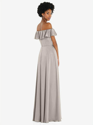 【STYLE: 8227】Straight-Neck Ruffled Off-the-Shoulder Satin Maxi Dress【COLOR: Taupe】