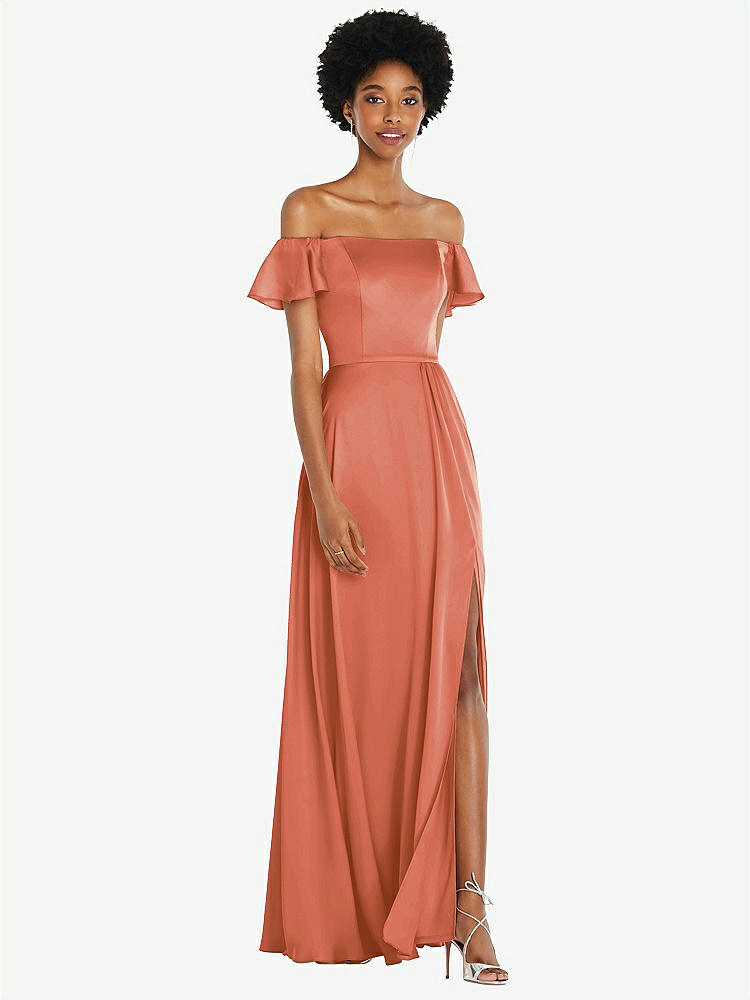【STYLE: 8227】Straight-Neck Ruffled Off-the-Shoulder Satin Maxi Dress【COLOR: Terracotta Copper】