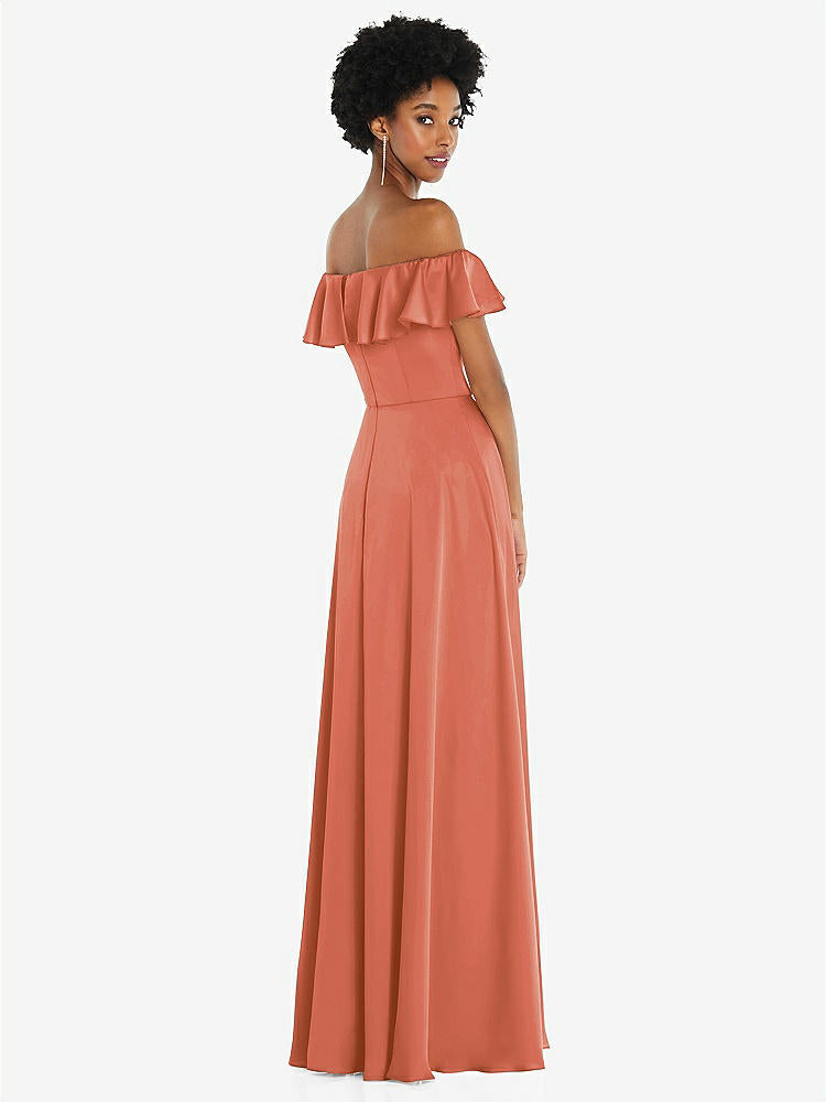 【STYLE: 8227】Straight-Neck Ruffled Off-the-Shoulder Satin Maxi Dress【COLOR: Terracotta Copper】